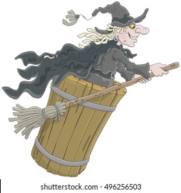 Halloween witch flying with her old broom and mortar