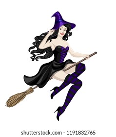 Halloween Witch flying on broom, clip art