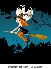 Halloween Witch flying on broom banner