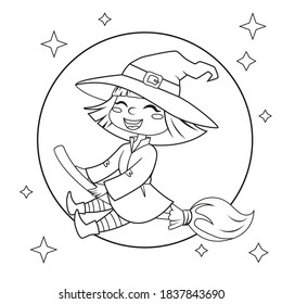 Halloween witch flying on broom on moon background. Black and white vector illustration for coloring book