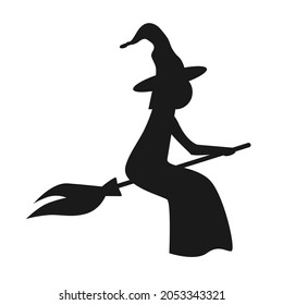 Halloween witch flying on the broom. Black silhouette isolated on white, vector icon illustration.