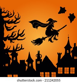 Halloween witch flying on broom. Hand drawn vector illustration.