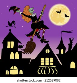 Halloween witch flying on broom. Hand drawn vector illustration.