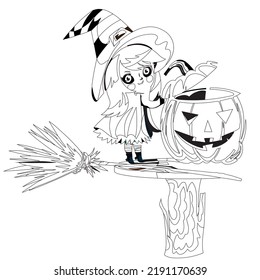 Halloween witch flying on broom .Vector illustration of a coloring on a halloween, funny cat in a witch hat sits on a pumpkin, coloring book page for kids and adults halloween .