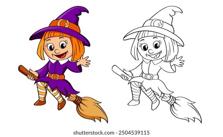 Halloween witch flying on broom. Color and black white vector illustration for coloring book with example in color