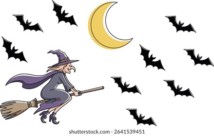 Halloween Witch Flying on Broom with Bats and Moon, Illustration for Holiday Designs
