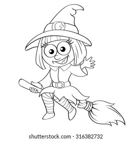 Halloween witch flying on broom. Black and white vector illustration for coloring book