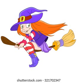 Halloween Witch flying on a broom. Cartoon character isolated on white background. Colorful design for kids activity book, coloring page, colouring picture. Vector illustration for children.