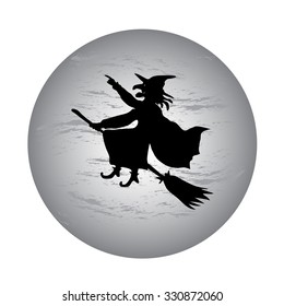 Halloween witch flying on broom, full moon background, vector illustration