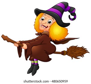 Halloween witch flying on broom isolated on white background. Vector illustration
