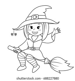 Halloween witch flying on broom. Black and white vector illustration for coloring book