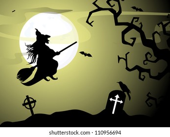 Halloween witch flying on broomstick, scary Halloween background. EPS 10.