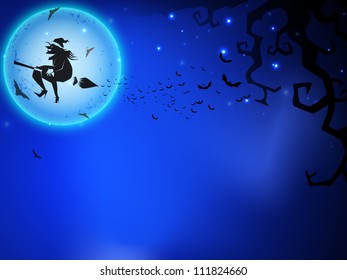 Halloween witch flying on broomstick, scary Halloween full moon night background. EPS 10.
