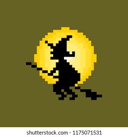 Halloween witch flying on a broomstick, her silhouette is lit by moonlight. Pixel design illustration.