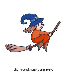 Halloween witch flying on broomstick vector illustration. Cartoon outline cute character with hat and broom. Cheerful childish magician isolated on white background