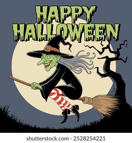 Halloween witch flying on a broomstick with a full moon in the background.