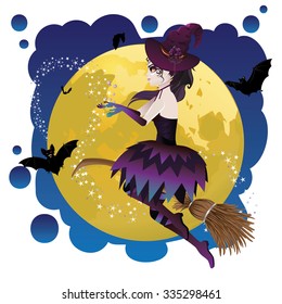 Halloween witch flying on a broomstick over yellow full moon.