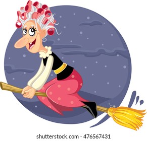 Halloween Witch Flying on a Broomstick - Illustration a funny wicked sorceress riding a magic broom
