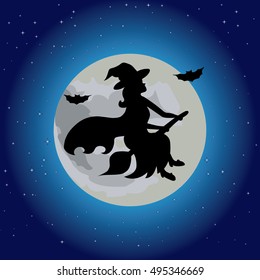 Halloween witch flying on a broomstick, her silhouette is lit by moonlight, surrounded by stars and dark blue sky