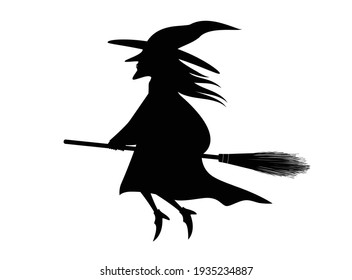 Halloween witch flying on her broom stick, vector illustration silhouette