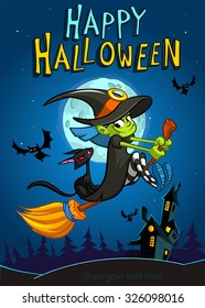 Halloween witch flying on her broom. Vector background for Halloween party with witch, haunted house, bats and cat on night background with full moon.