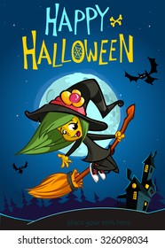 Halloween witch flying on her broom. Vector background for Halloween party. Halloween elements: witch, haunted house, bats and cat on night background with full moon.