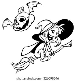 Halloween witch flying on her broom. Vector outline of Halloween witch and pumpkin head. Vector coloring book