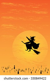  Halloween witch flying on her broom, greeting card template
