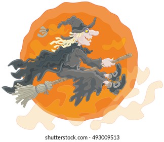 Halloween witch flying on her broom