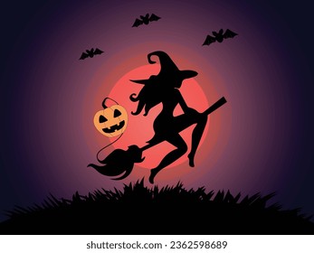 Halloween witch flying on horror background vector illustration