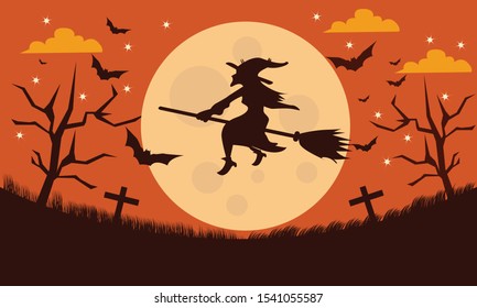 Halloween witch flying on sky vector design.