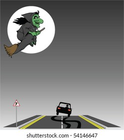 Halloween Witch flying over a frightened motorist