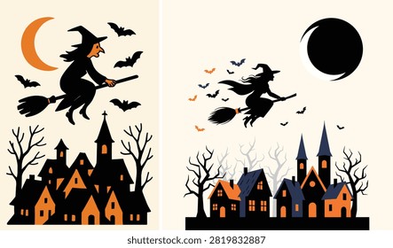 Halloween witch flying over haunted castle at night. Spooky vector illustration of silhouetted sorceress soaring past full moon with bats.
