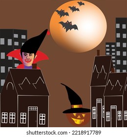 halloween witch flying over the moon, vector illustration