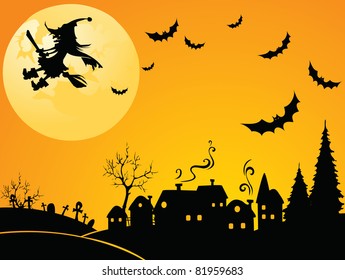 Halloween witch flying over the village