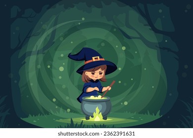 bruja de halloween en el bosque. caricatura graciosa fantasía mística de otoño cocinando veneno elixir fondo de prado forestal, personaje de halloween acosan horrible infantil. fondo vectorial de dibujos animados planos.