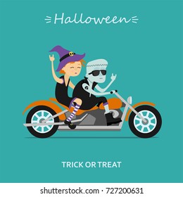Halloween. Witch and Frankenstein ride the motorcycle.  Vector illustration