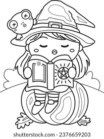 Halloween Witch and Frog Cartoon Coloring Activity