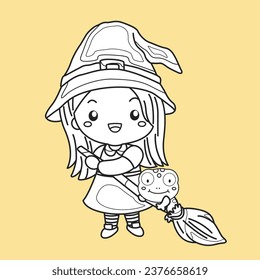 Halloween Witch and Frog Cartoon Digital Stamp Outline