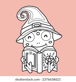 Halloween Witch Frog Cartoon Digital Stamp Outline