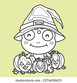 Halloween Witch Frog Cartoon Digital Stamp Outline