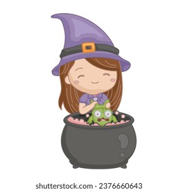 Halloween Witch and Frog Cartoon Illustration Vector Clipart Sticker