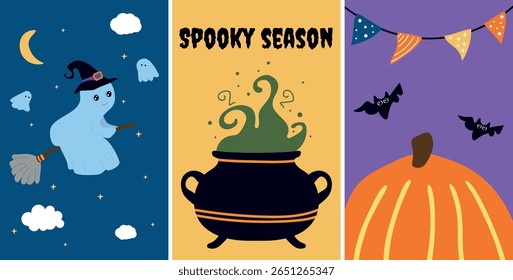Halloween witch and ghost cartoon set – magical cauldron, cute cards and spooky fun. With a fun mix of magic, mystery, and vintage holiday charm, these elements bring joy to autumn celebrations while 