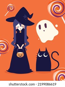 halloween witch with ghost and cat, design