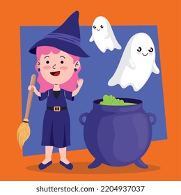 halloween witch with ghost and cauldron
