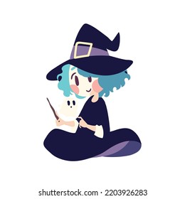 halloween witch with ghost isolated icon