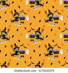 Halloween witch and ghost seamless pattern