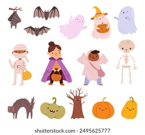 Halloween witch, ghost, spooky mummy and skeleton, funny pumpkins. Perfect for scrapbooking, greeting card, party invitation, poster, tag, sticker kit. Hand drawn vector illustration