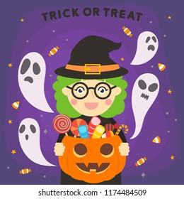 halloween witch with the ghost. Trick or threat