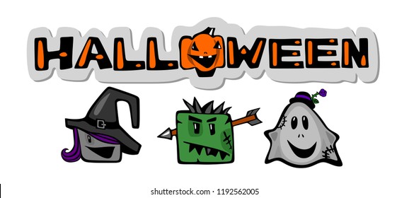 Halloween, witch, Ghost, zombie and smiling pumpkin .Comical cartoon characters on a white background
